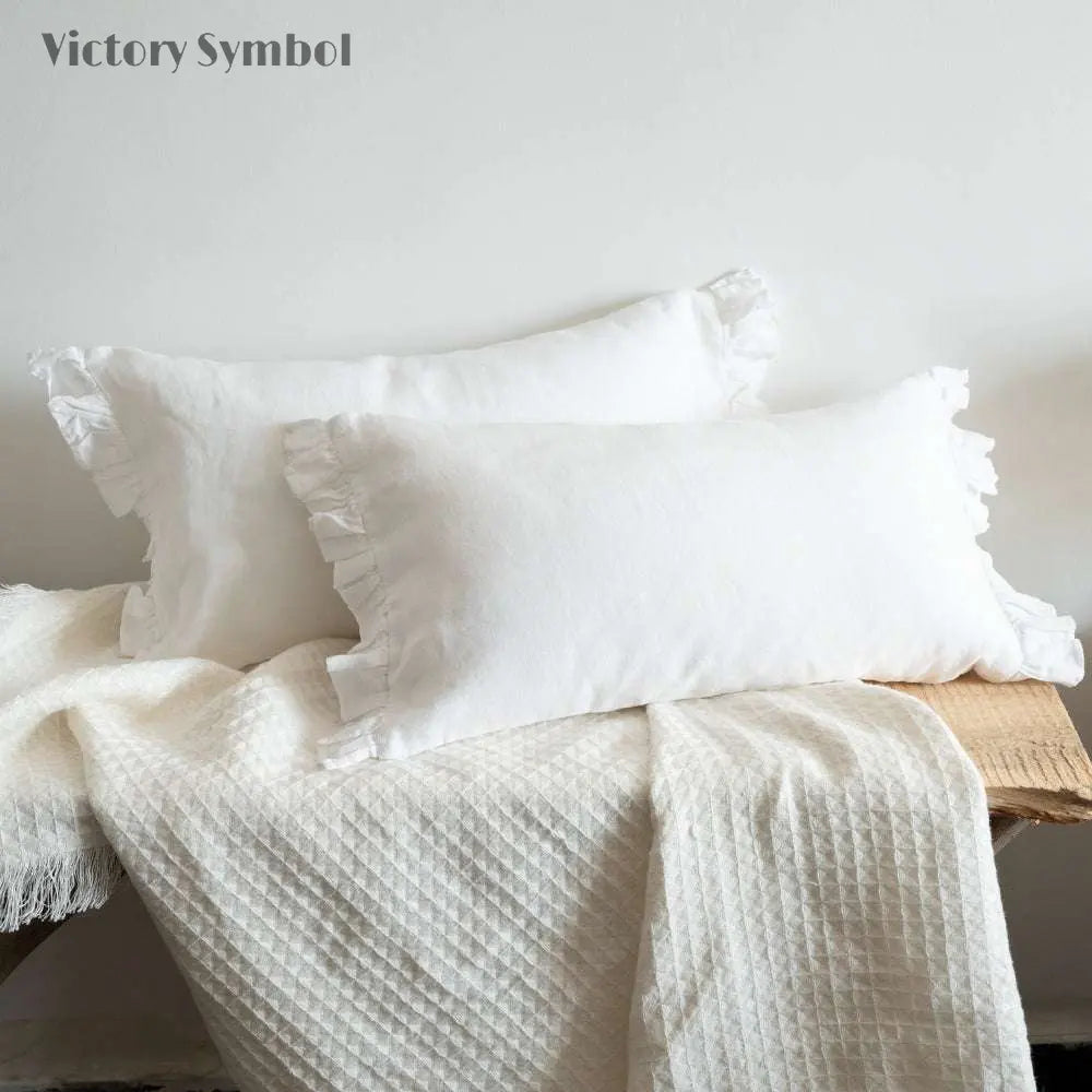 Pure White 100% Organic Linen Lumbar Pillowcases With Ruffles - Victory Symbol