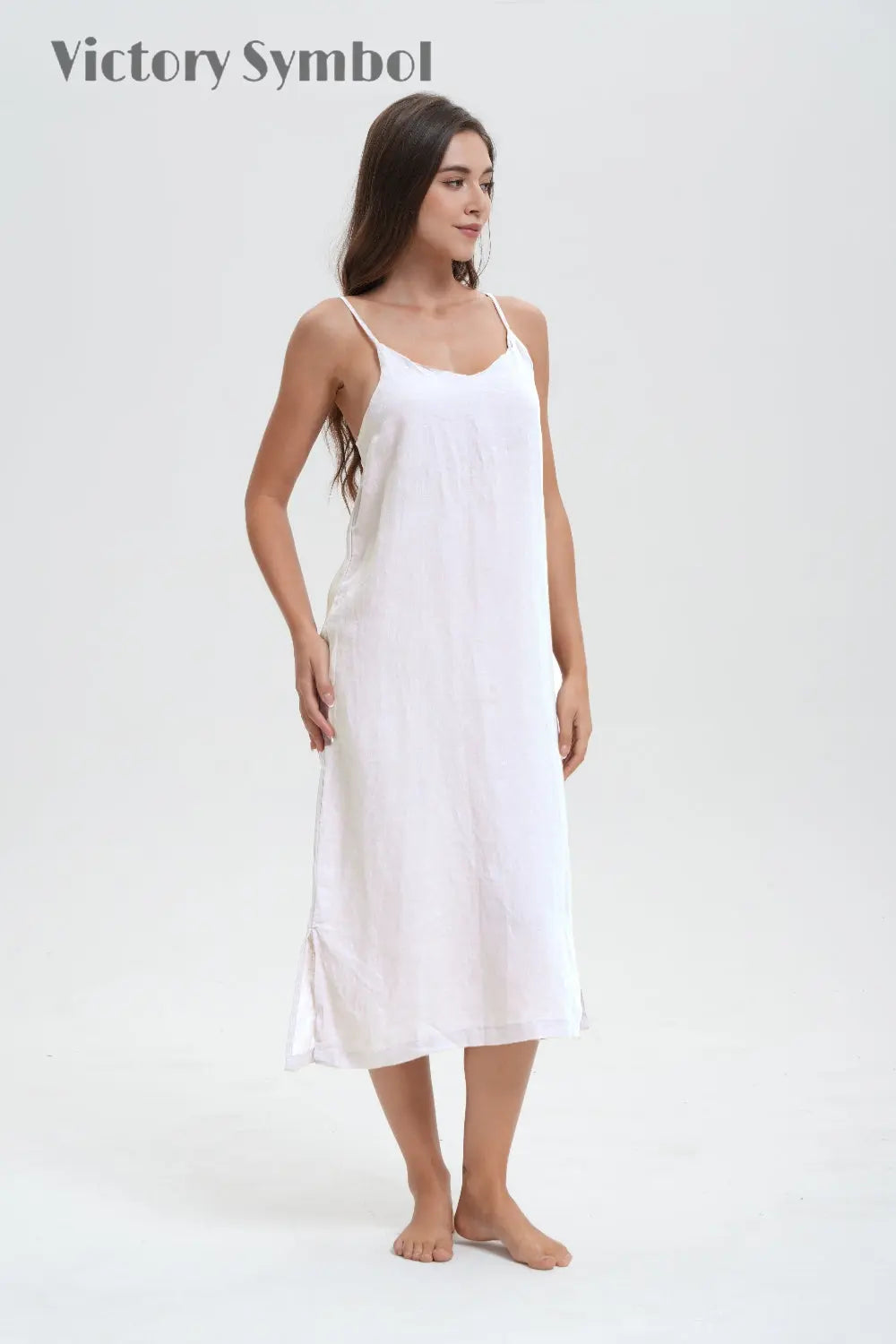 Pure White 100% Organic Linen Midi Dress-victory symbol