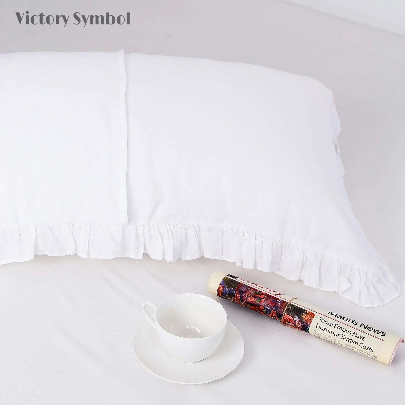Pure White 100% Organic Linen Pillowcases with Ruffles - Victory Symbol