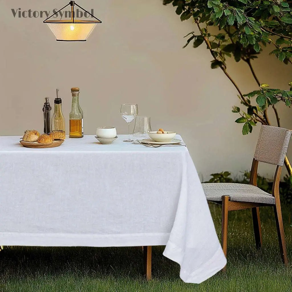 Pure White 100% Organic Linen Tablecloth - Victory Symbol