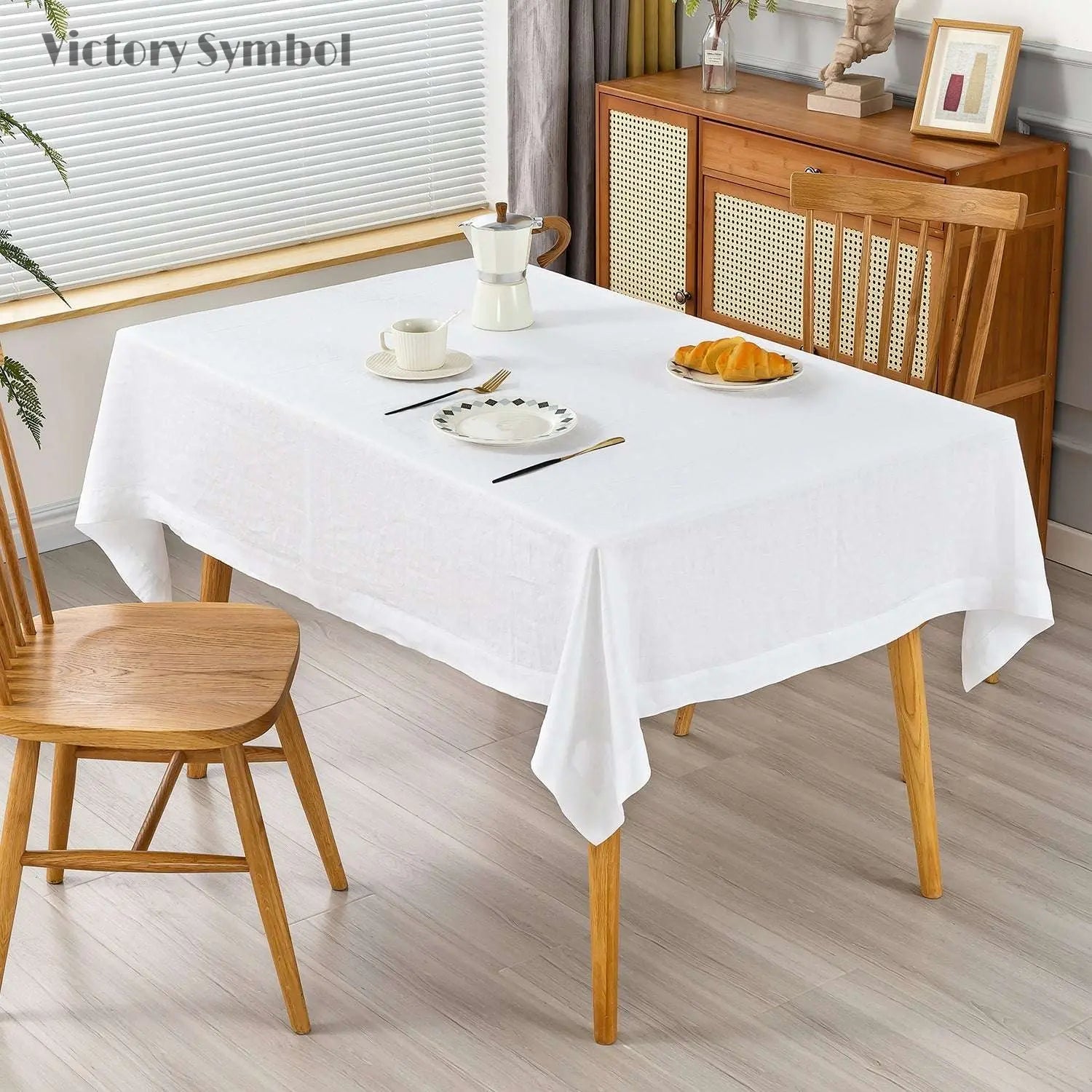 Pure White 100% Organic Linen Tablecloth - Victory Symbol