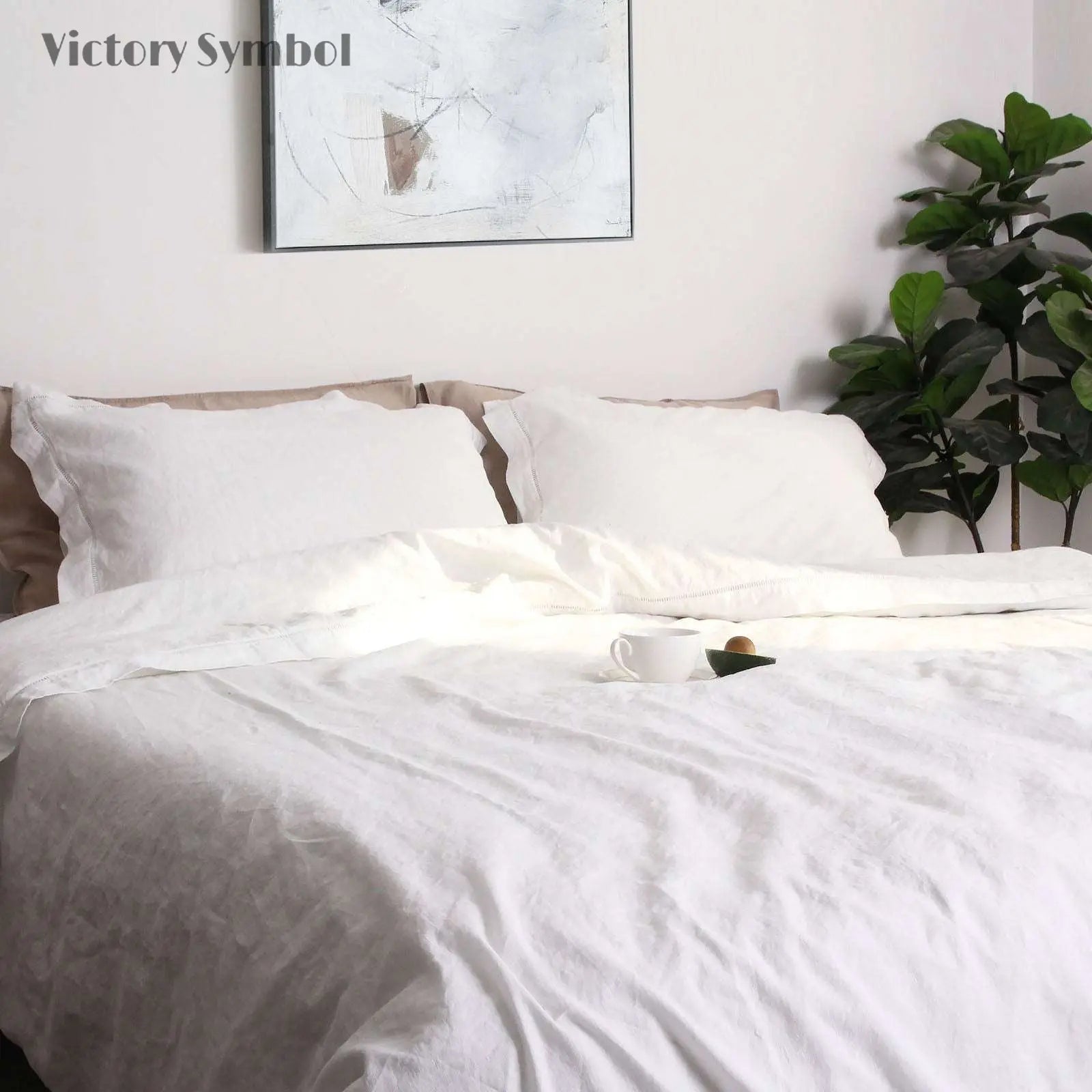 Pure White Cotton - Linen Mixed Weave Duvet Cover Set - Victory Symbol