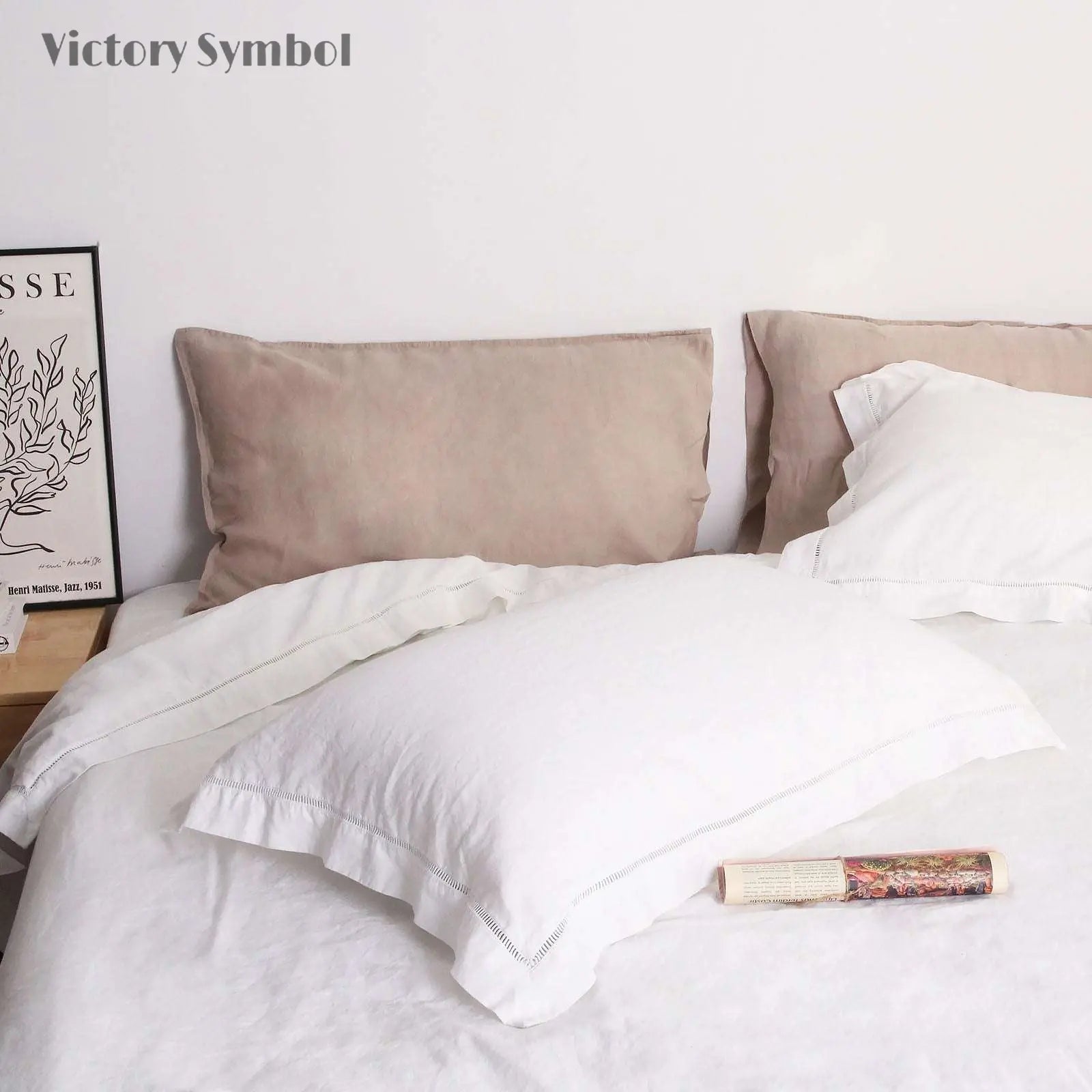 Pure White Cotton - Linen Mixed Weave Duvet Cover Set - Victory Symbol