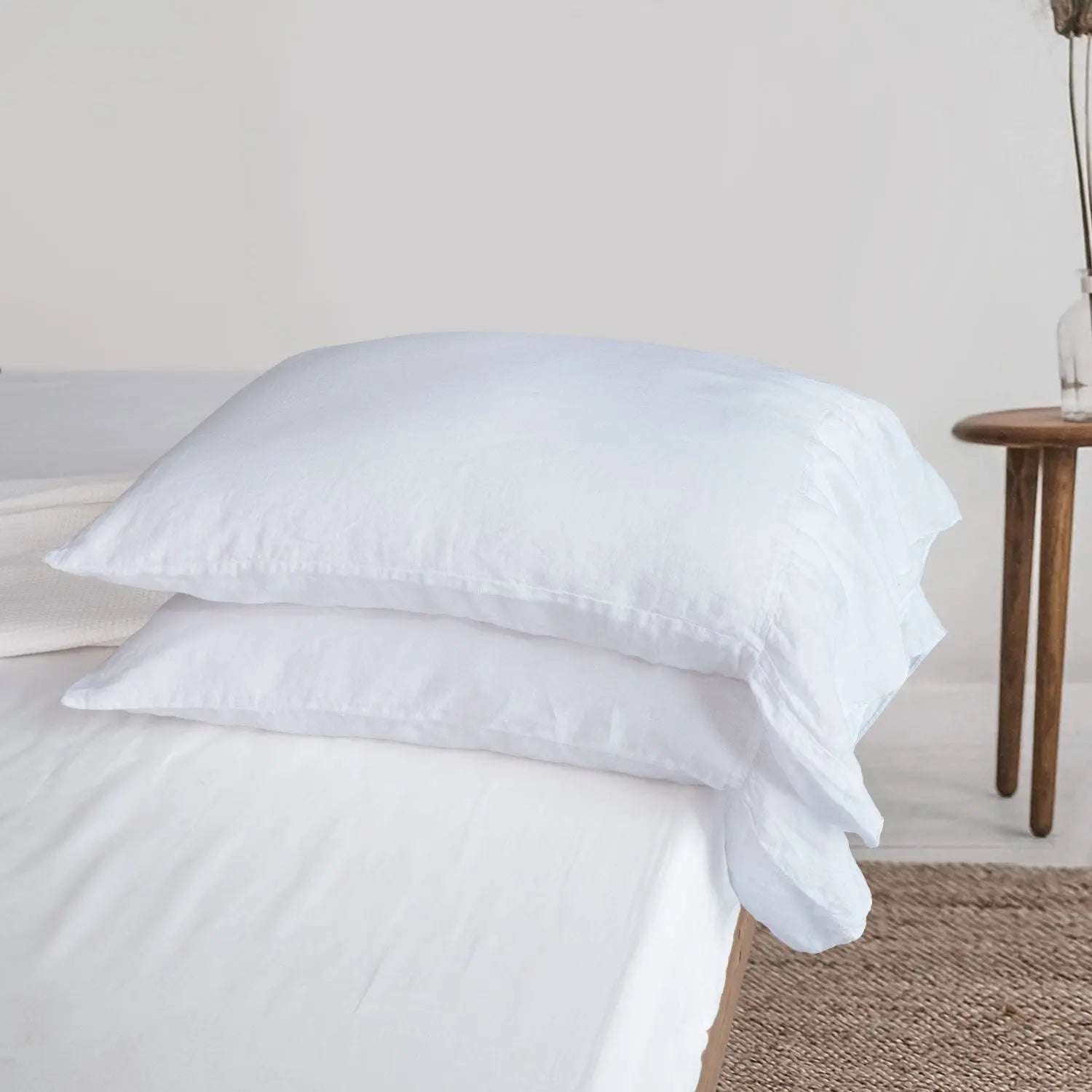 Pure White Fishtail Ruffle 100% Organic Linen Pillowcases.