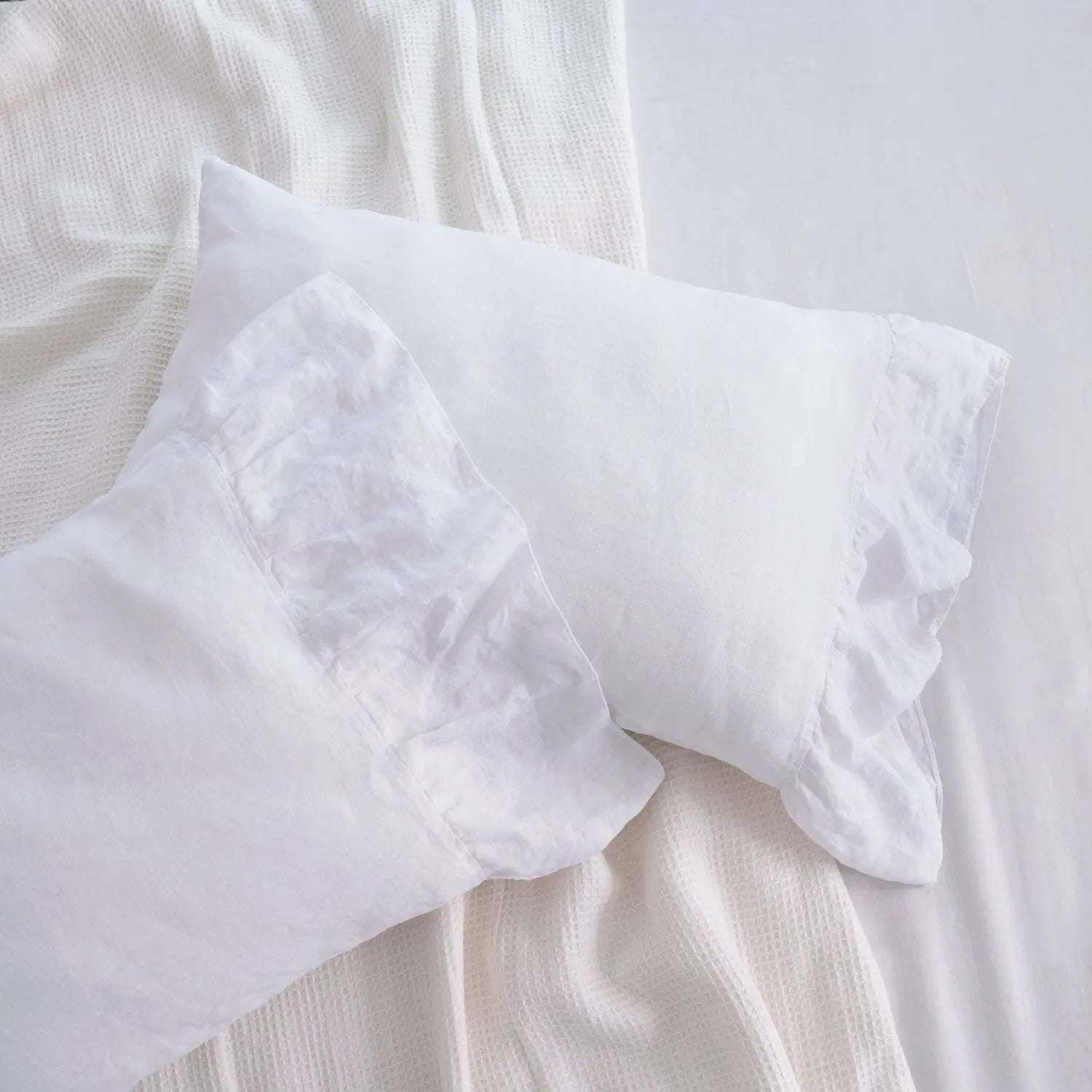 Pure White Fishtail Ruffle 100% Organic Linen Pillowcases.