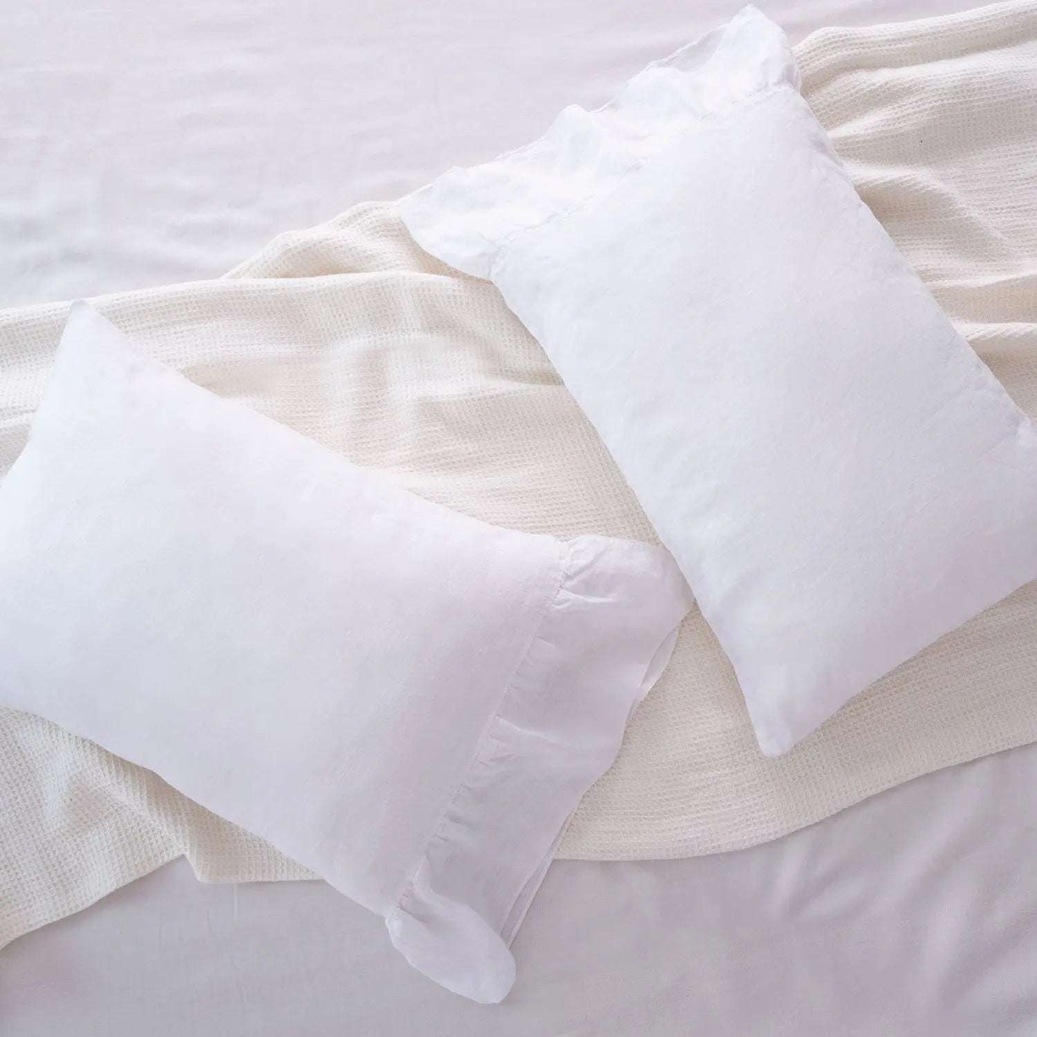 Pure White Fishtail Ruffle 100% Organic Linen Pillowcases.