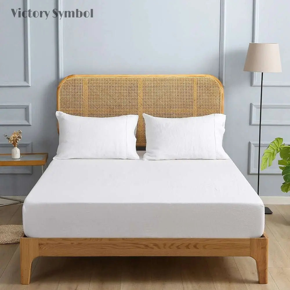 Pure White With Piping 100% Organic Linen Sheets Set - Victory Symbol