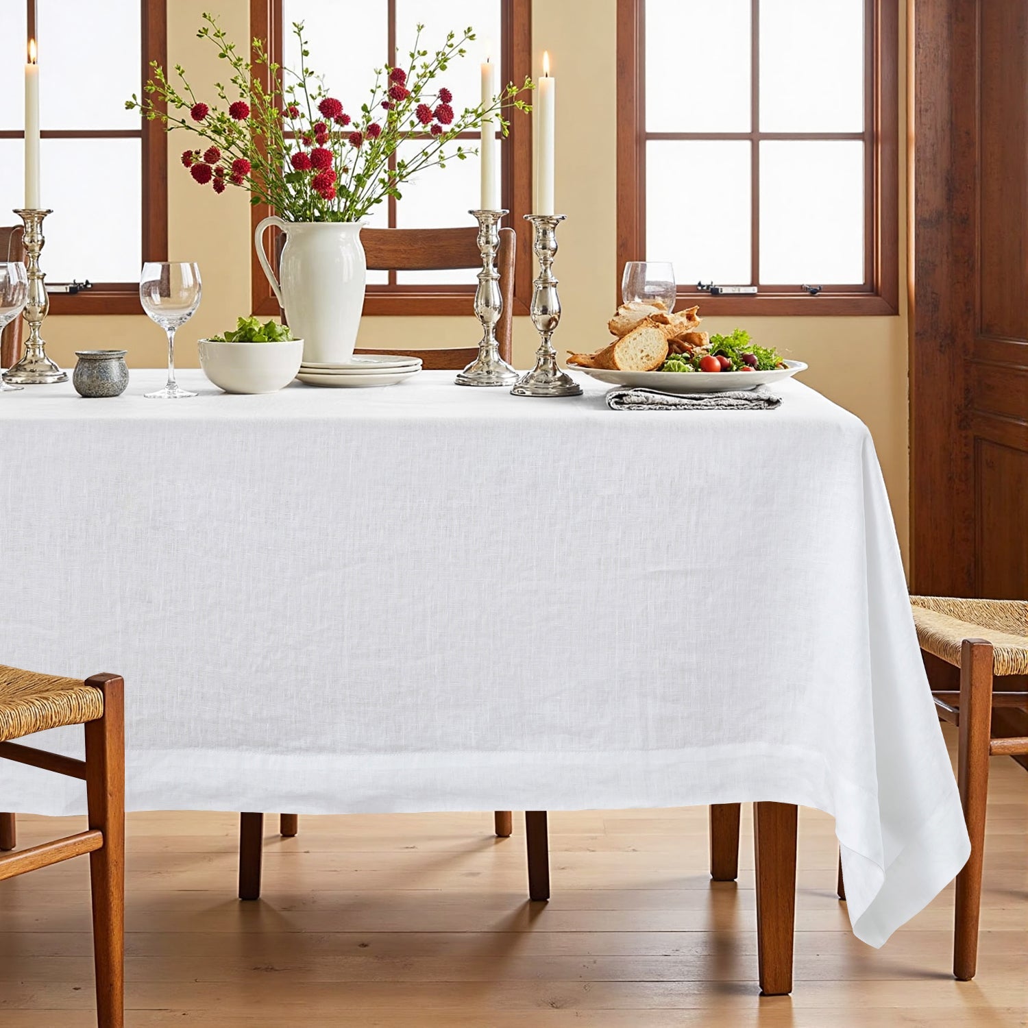 Pure White 100% Organic Linen Tablecloth-Victory Symbol