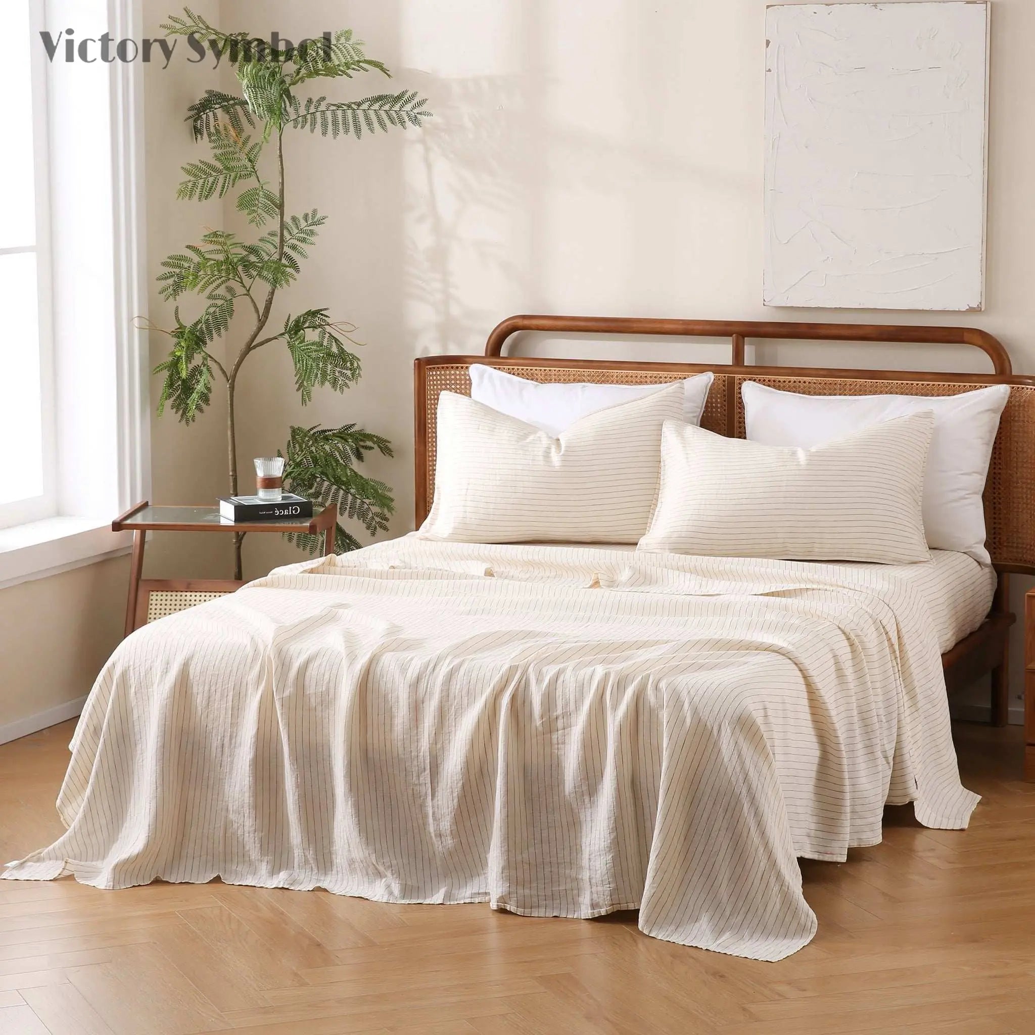 Red Stripe 100% Organic Linen Yarn Dyed Flat Sheet - Victory Symbol