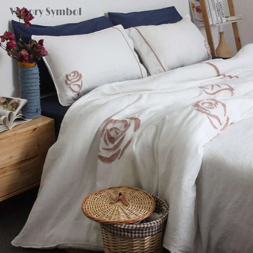 Rose Applique Embroidery 100% Organic Linen Duvet Cover Set - Victory Symbol