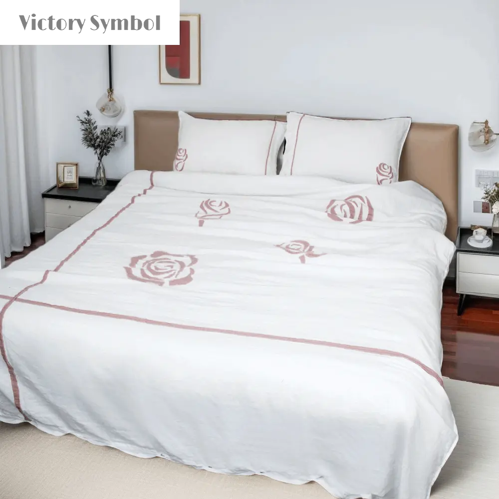 Rose Applique Embroidery 100% Organic Linen Duvet Cover Set - Victory Symbol