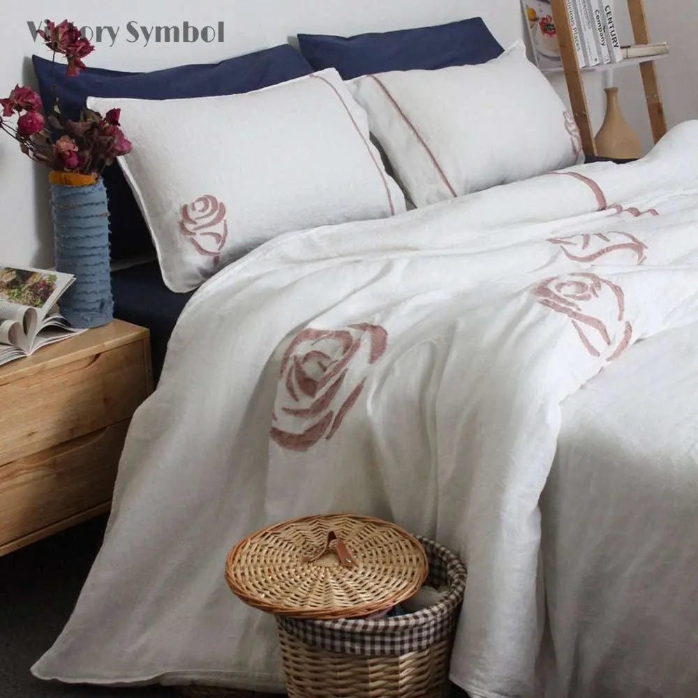Rose Applique 100% Organic Linen Duvet Cover Set-victory symbol