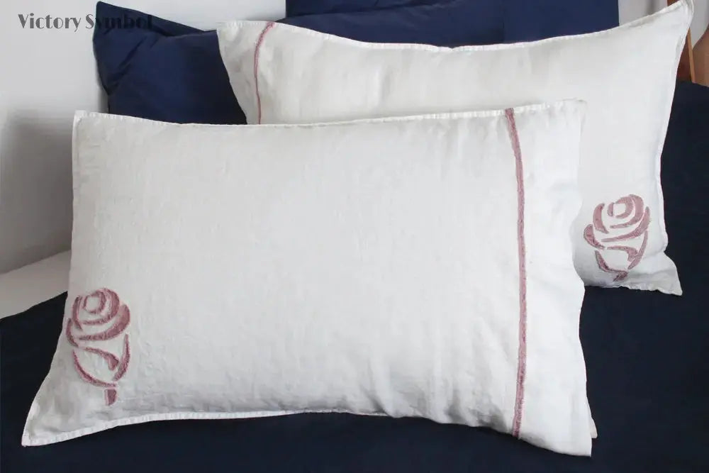 Rose Applique Embroidery 100% Organic Linen Pillowcases - Victory Symbol