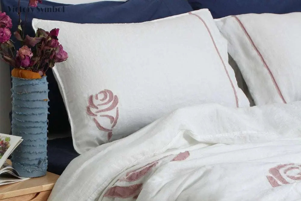 Rose Applique Embroidery 100% Organic Linen Pillowcases - Victory Symbol