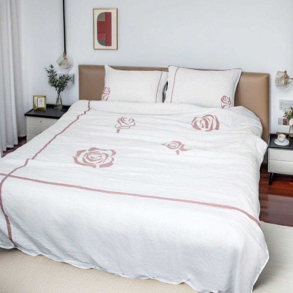 Rose Applique 100% Organic Linen Duvet Cover Set-victory symbol