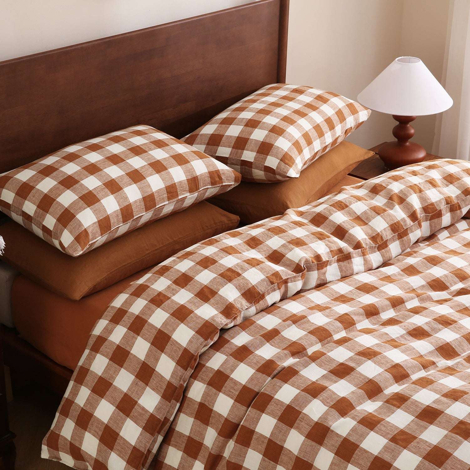 Rust Gingham 100% Organic Linen Yarn Dyed Duvet Cover Set-Victory Symbol