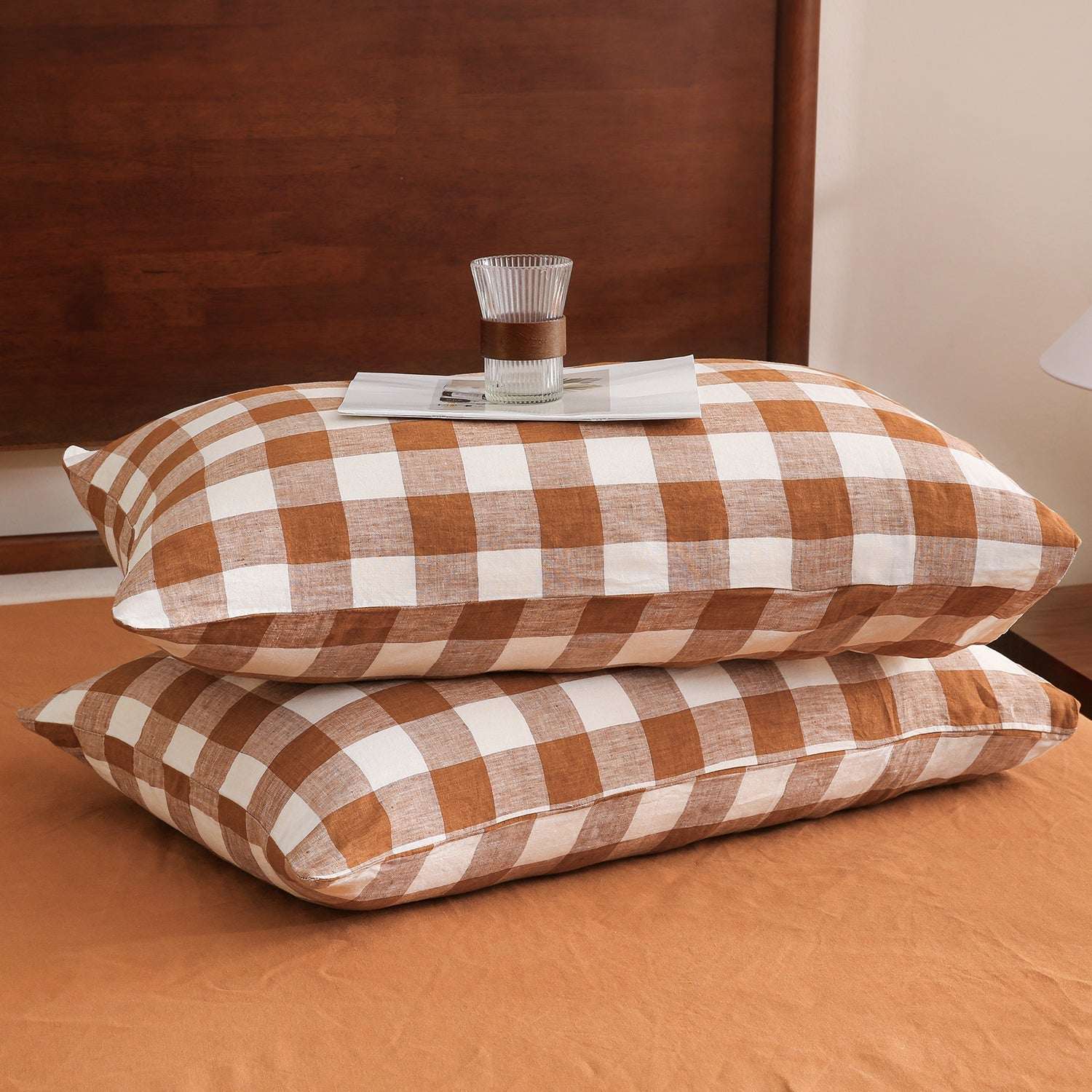 Rust Gingham 100% Organic Linen Yarn Dyed Pillowcases - Victory Symbol Rust Gingham 100% Organic Linen Yarn Dyed Pillowcases - Victory Symbol