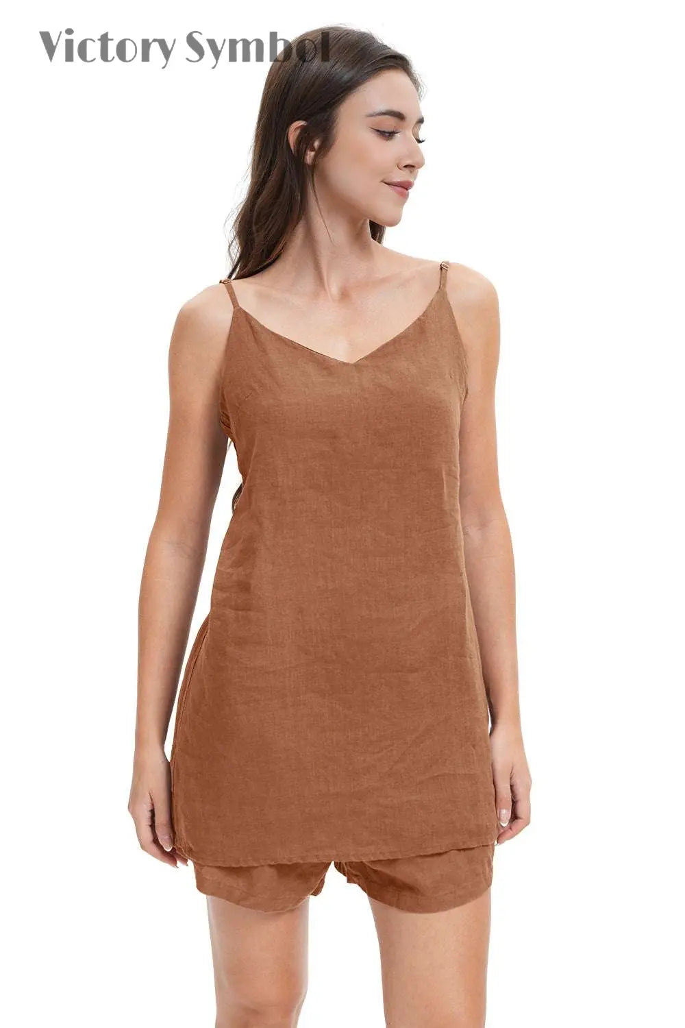 Rust Women's Linen Camisole Tank Top V - Neck Loose Casual Adjustable Strap - Victory Symbol