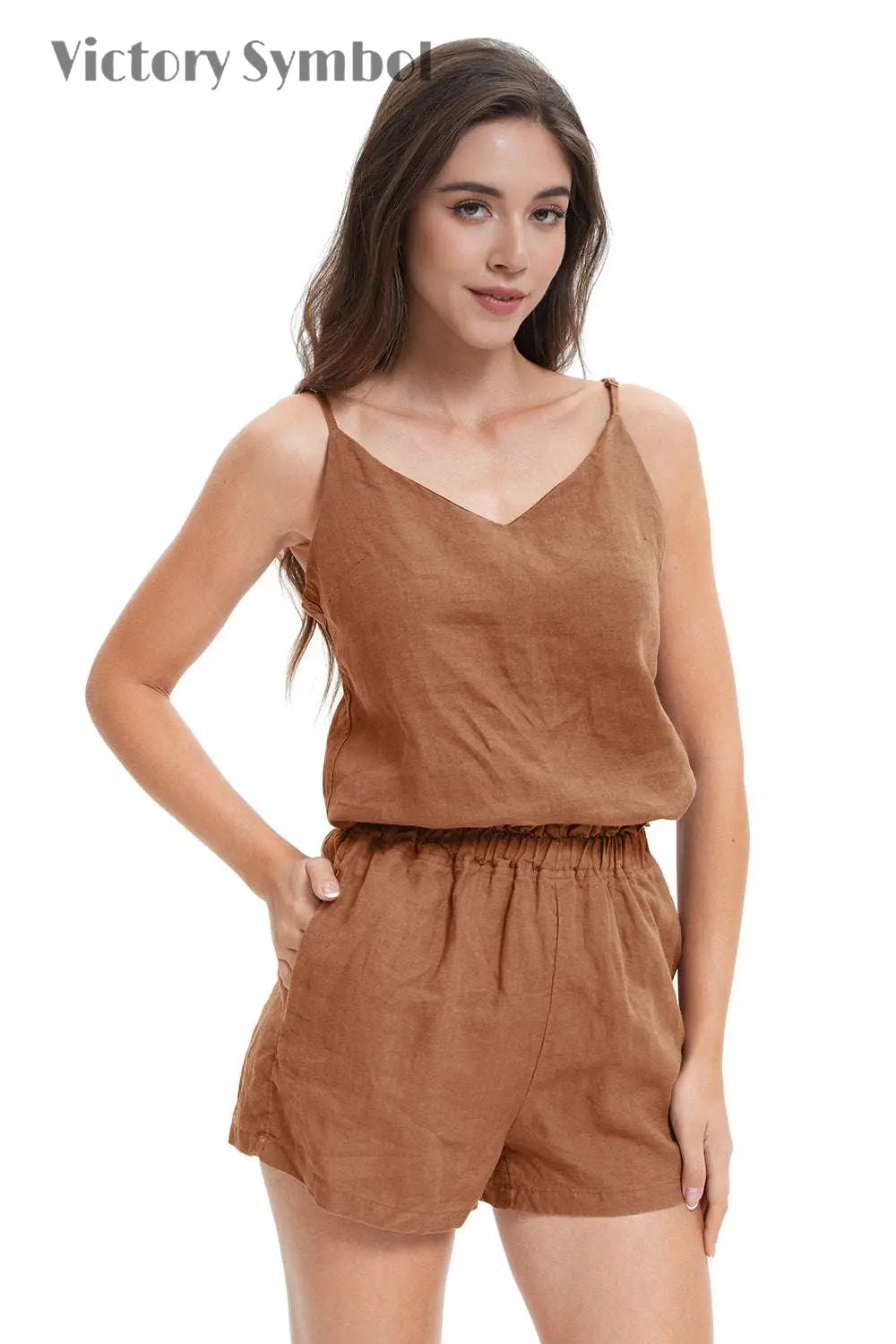 Rust Women's Linen Camisole Tank Top V - Neck Loose Casual Adjustable Strap - Victory Symbol