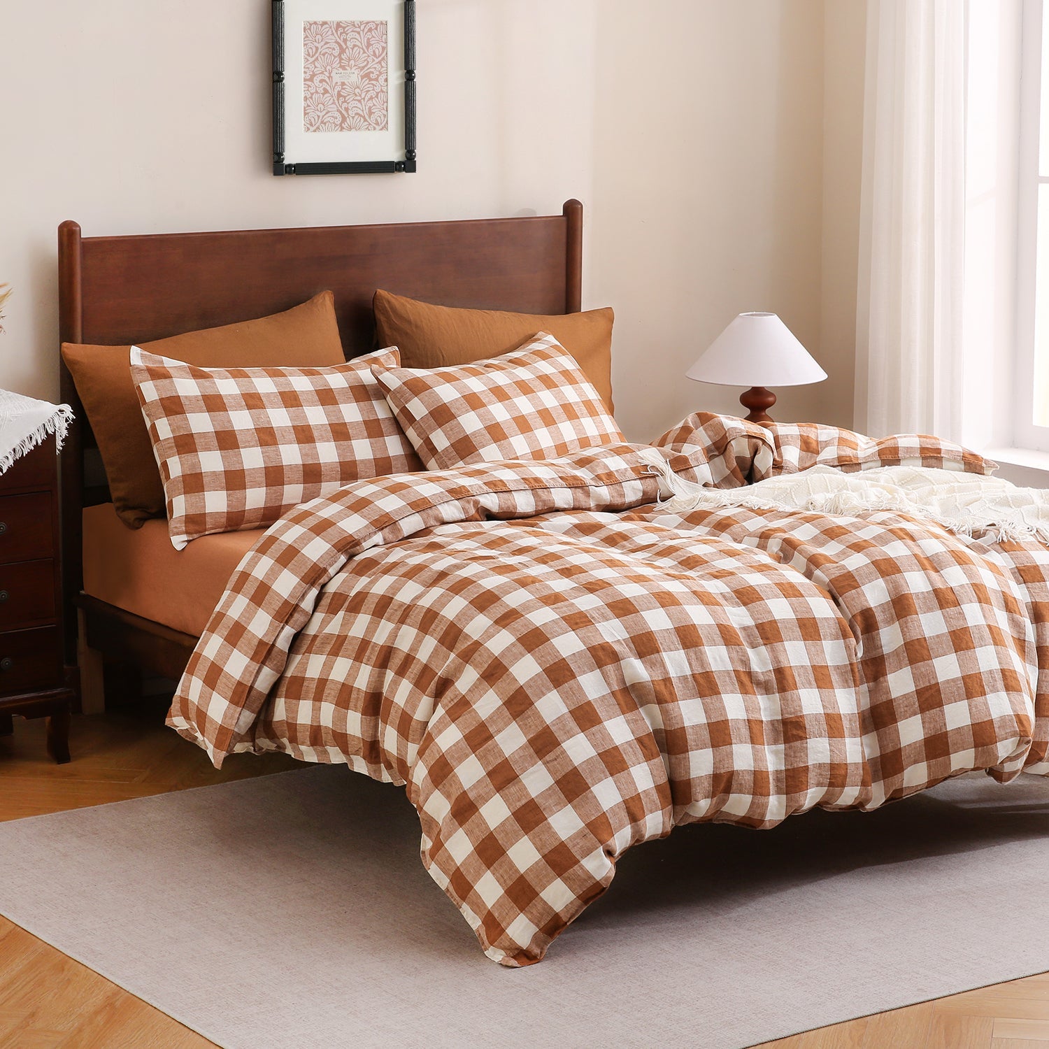 Rust Gingham 100% Organic Linen Yarn Dyed Duvet Cover Set-Victory Symbol