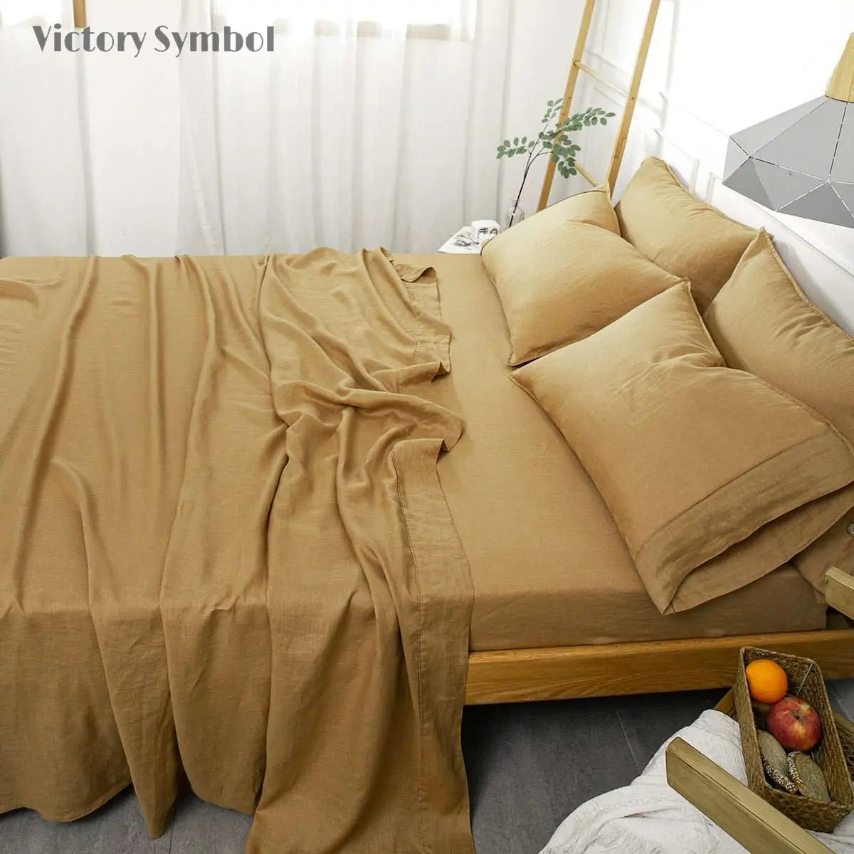 Sandy Beige 100% Organic Linen Flat Sheet - Victory Symbol