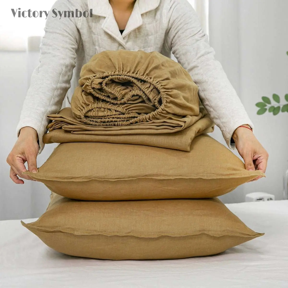 Sandy Beige 100% Organic Linen Sheets Set - Victory Symbol