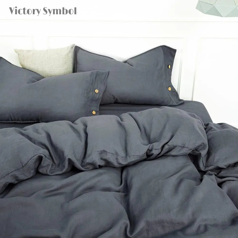 Silver Grey 100% Organic Linen Pillowcases With Coconut Button Closure - Victory Symbol