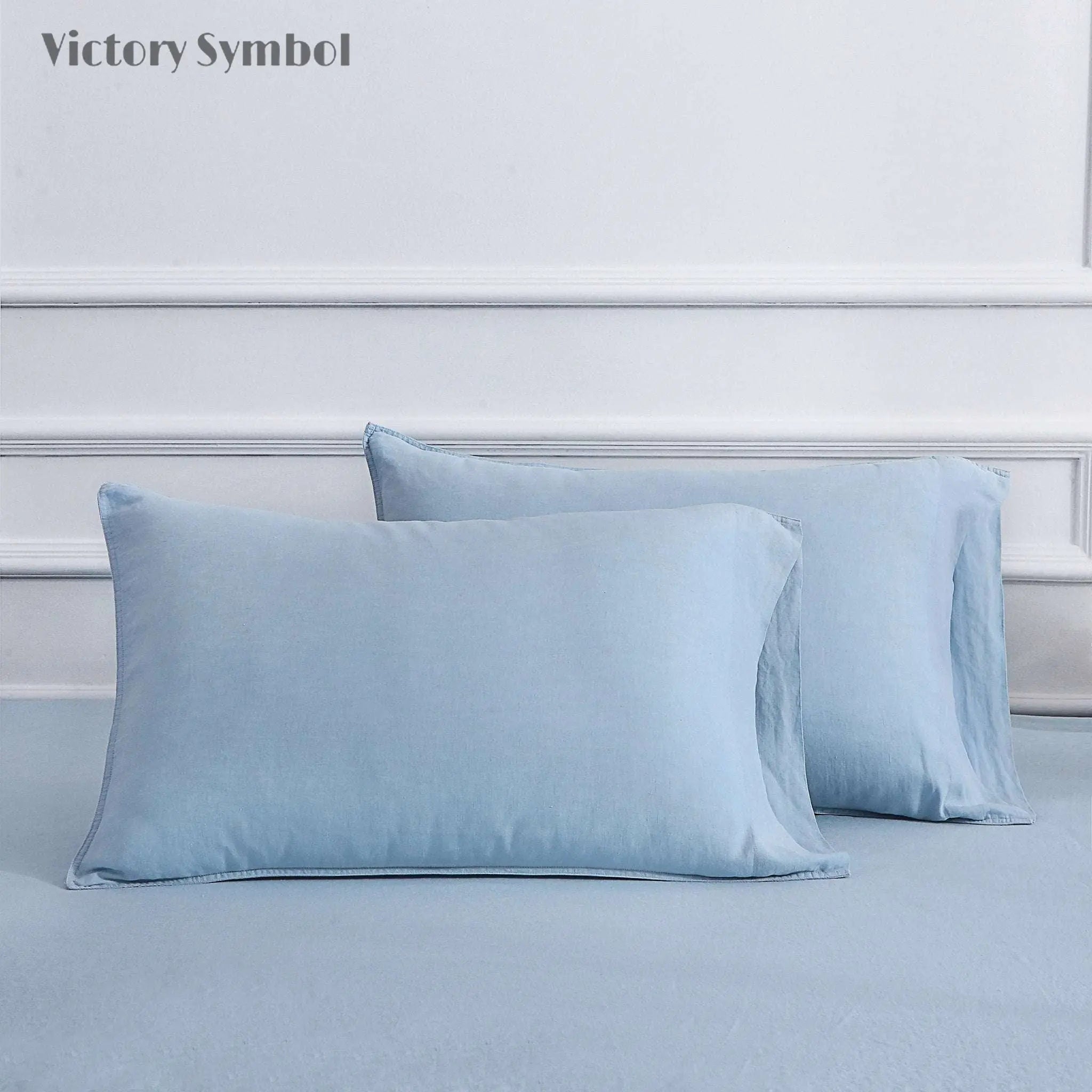 Sky Blue 100% Organic Linen Pillowcases - Victory Symbol