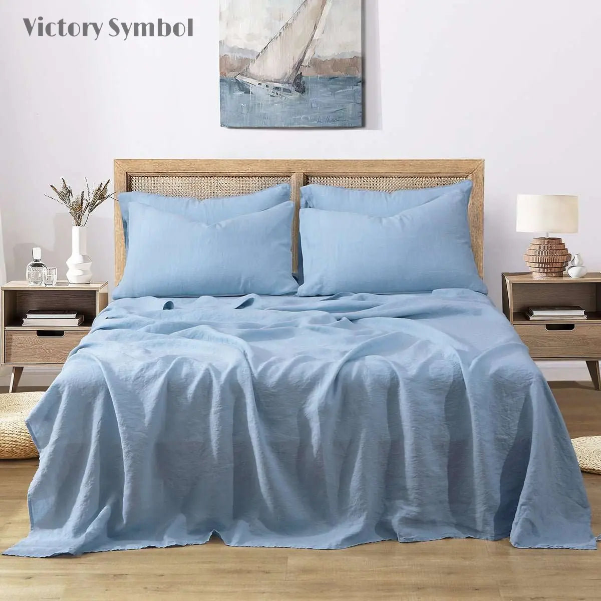 Sky Blue 100% Organic Linen Sheets Set - Victory Symbol