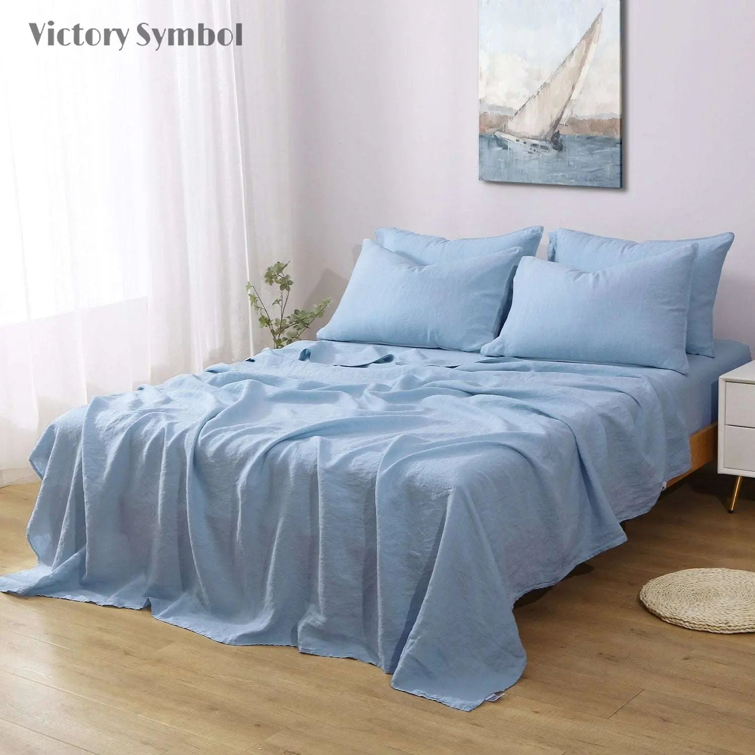 Sky Blue 100% Organic Linen Sheets Set - Victory Symbol