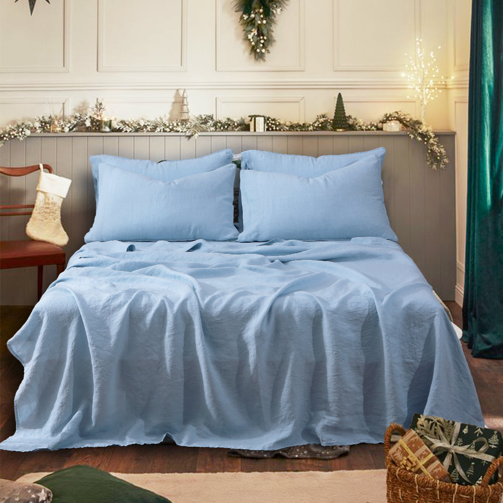 Sky Blue 100% Organic Linen Sheets Set-victory symbol