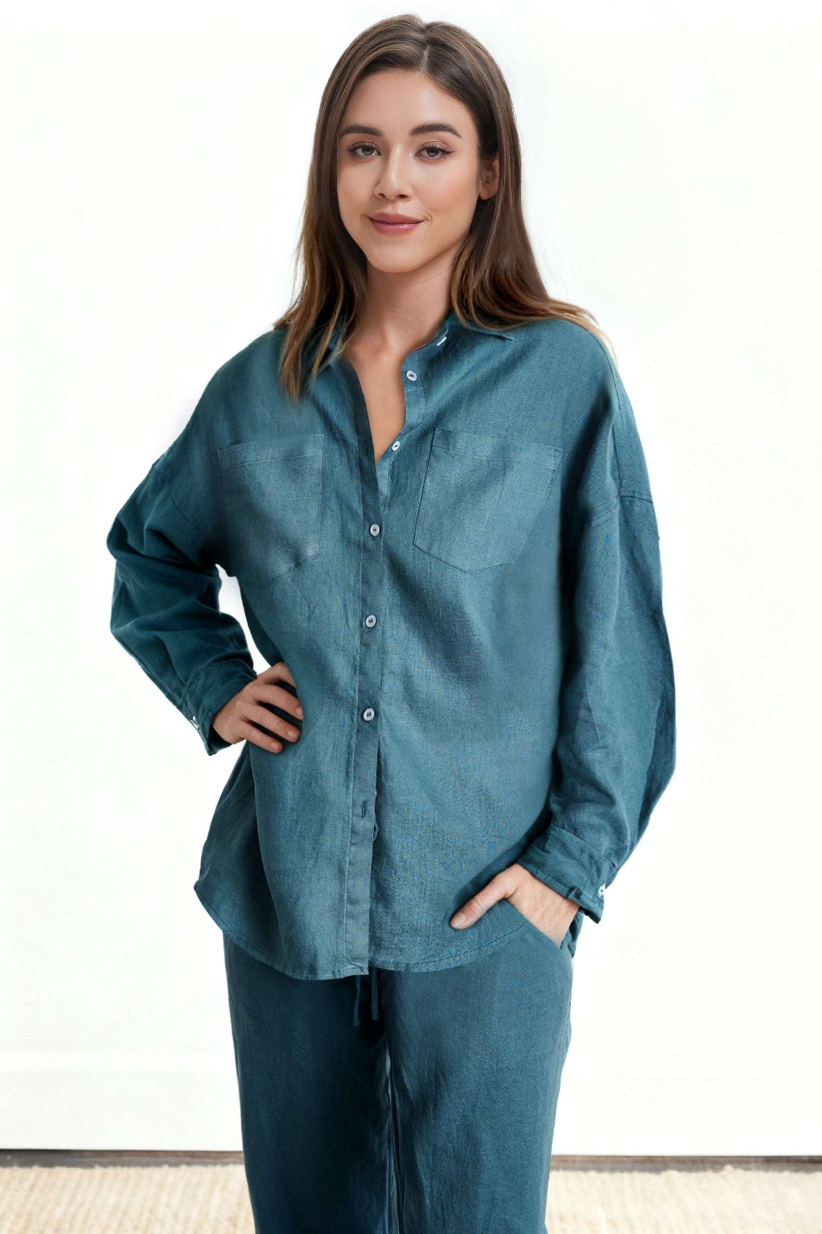 Teal Green 100% Organic Linen Long Sleeve Shirt-Victory Symbol