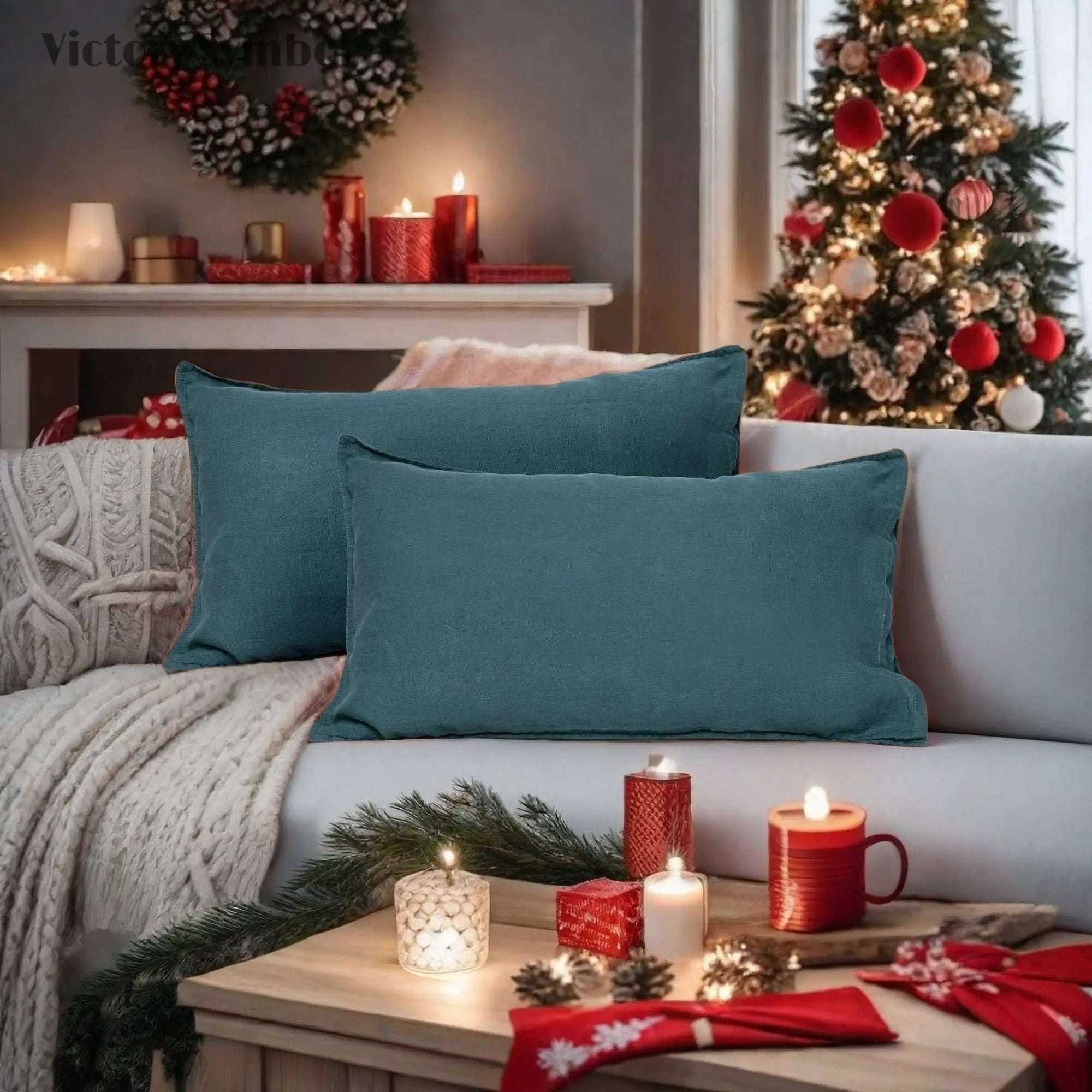 Teal Green 100% Organic Linen Lumbar Pillowcases - Victory Symbol