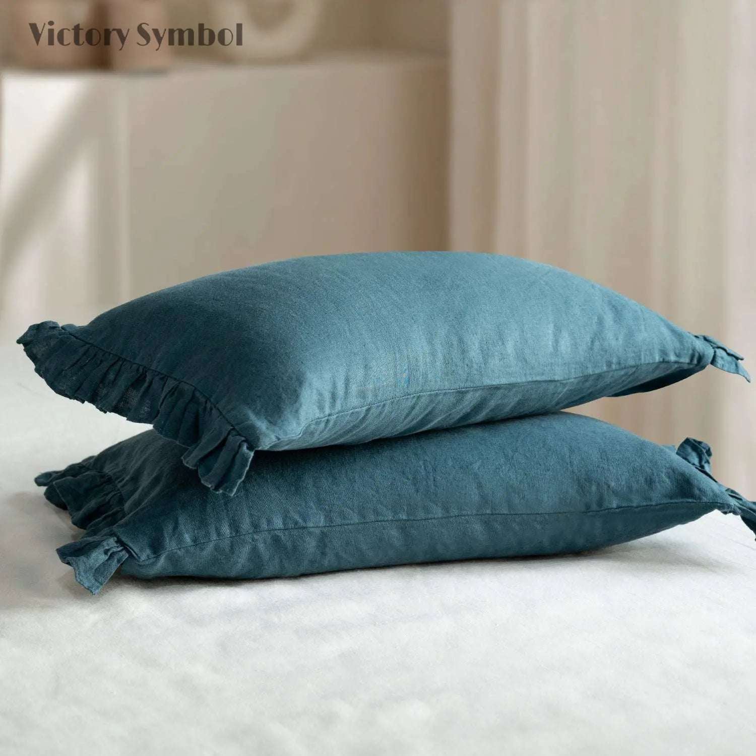 Teal Green 100% Organic Linen Lumbar Pillowcases With Ruffles - Victory Symbol