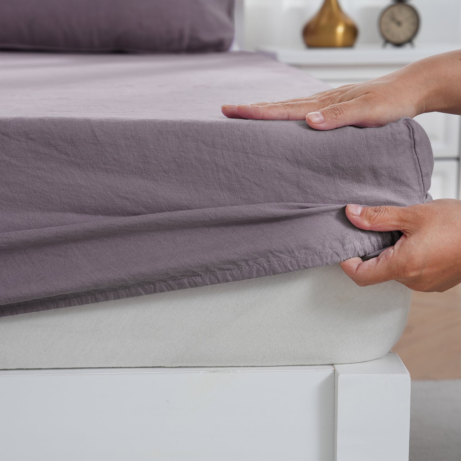 Twilight Lilac Purple 100% Organic Linen Fitted Sheet.