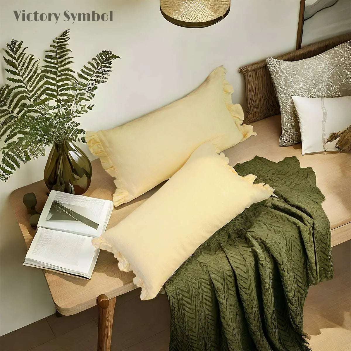 Vanilla Yellow 100% Organic Linen Lumbar Pillowcases With Ruffles - Victory Symbol