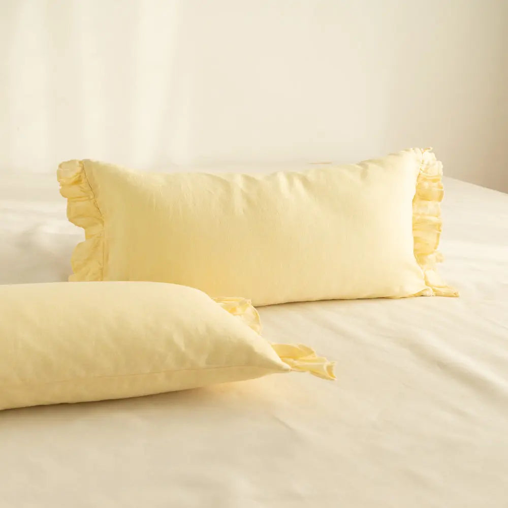 Vanilla Yellow 100% Organic Linen Lumbar Pillowcases With Ruffles - Victory Symbol