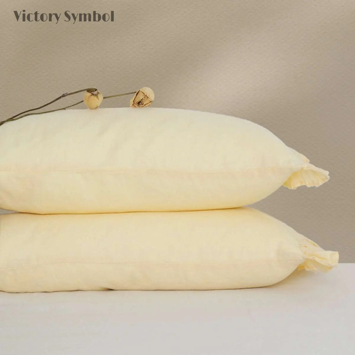 Vanilla Yellow 100% Organic Linen Lumbar Pillowcases With Ruffles - Victory Symbol