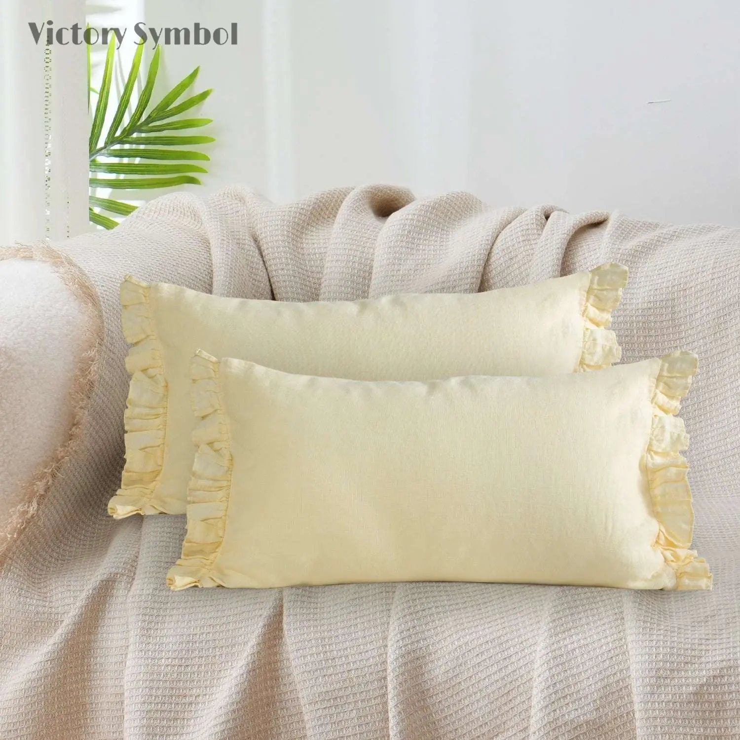 Vanilla Yellow 100% Organic Linen Lumbar Pillowcases With Ruffles - Victory Symbol