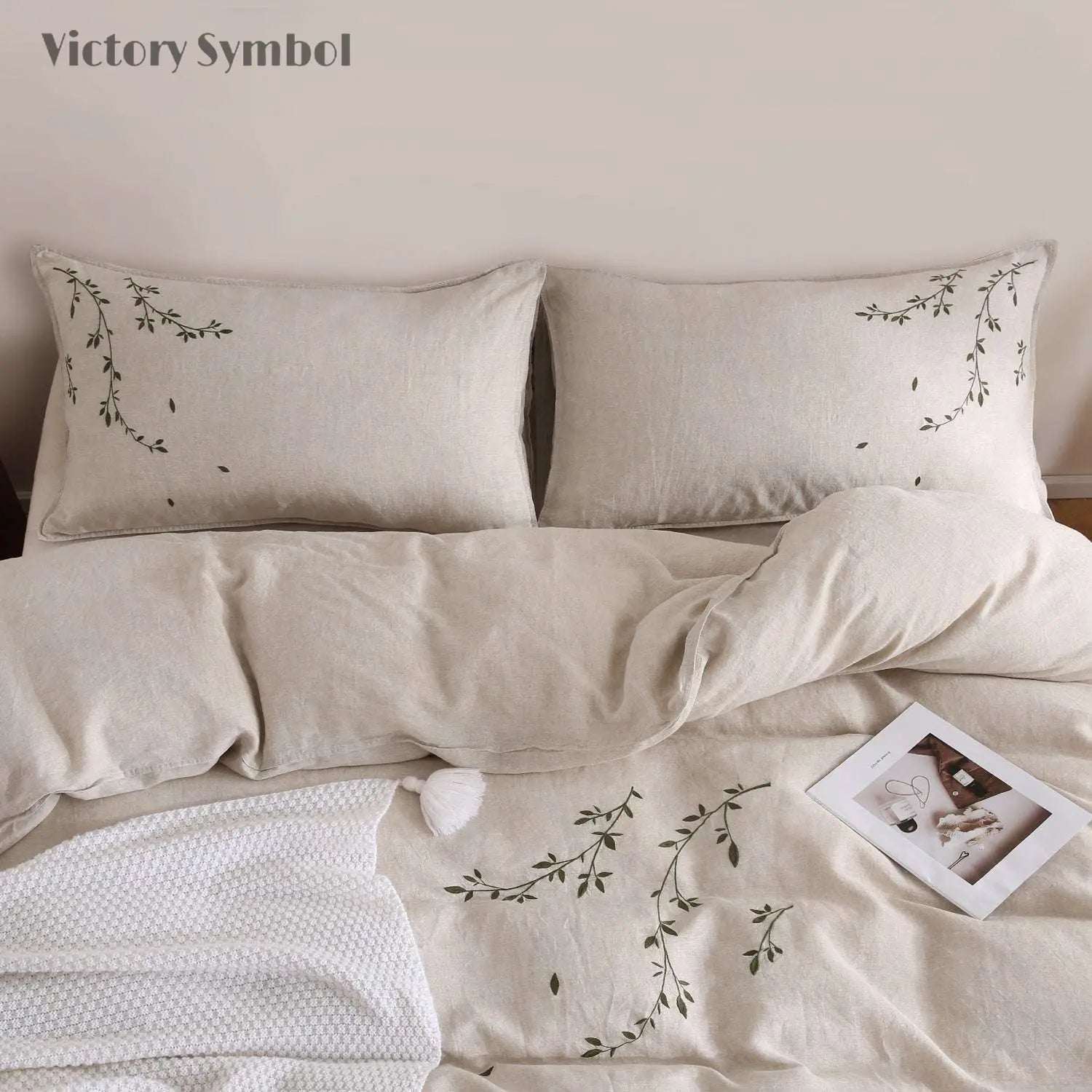 Vines Pattern 100% Organic Linen Embroidered Duvet Cover Set - Victory Symbol