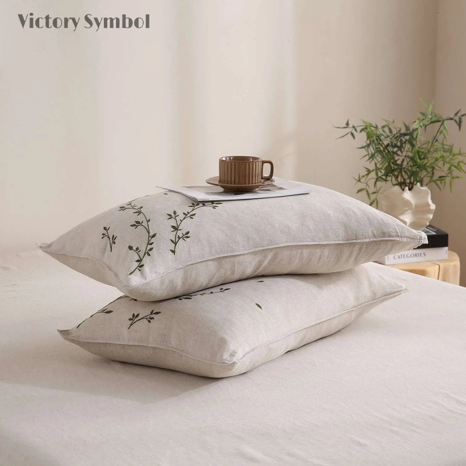 Vines Pattern 100% Organic Linen Embroidered Pillowcases - Victory Symbol