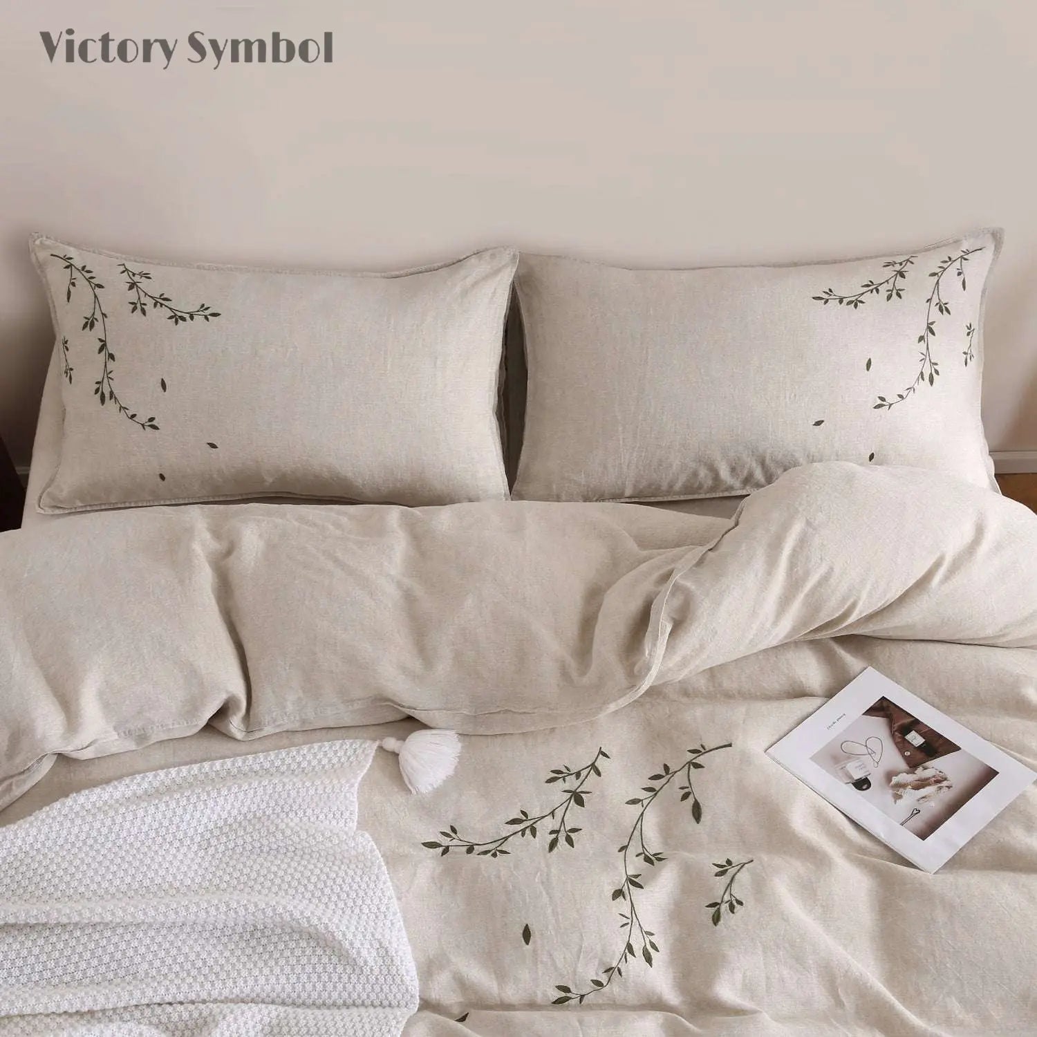 Vines Pattern 100% Organic Linen Embroidered Pillowcases - Victory Symbol