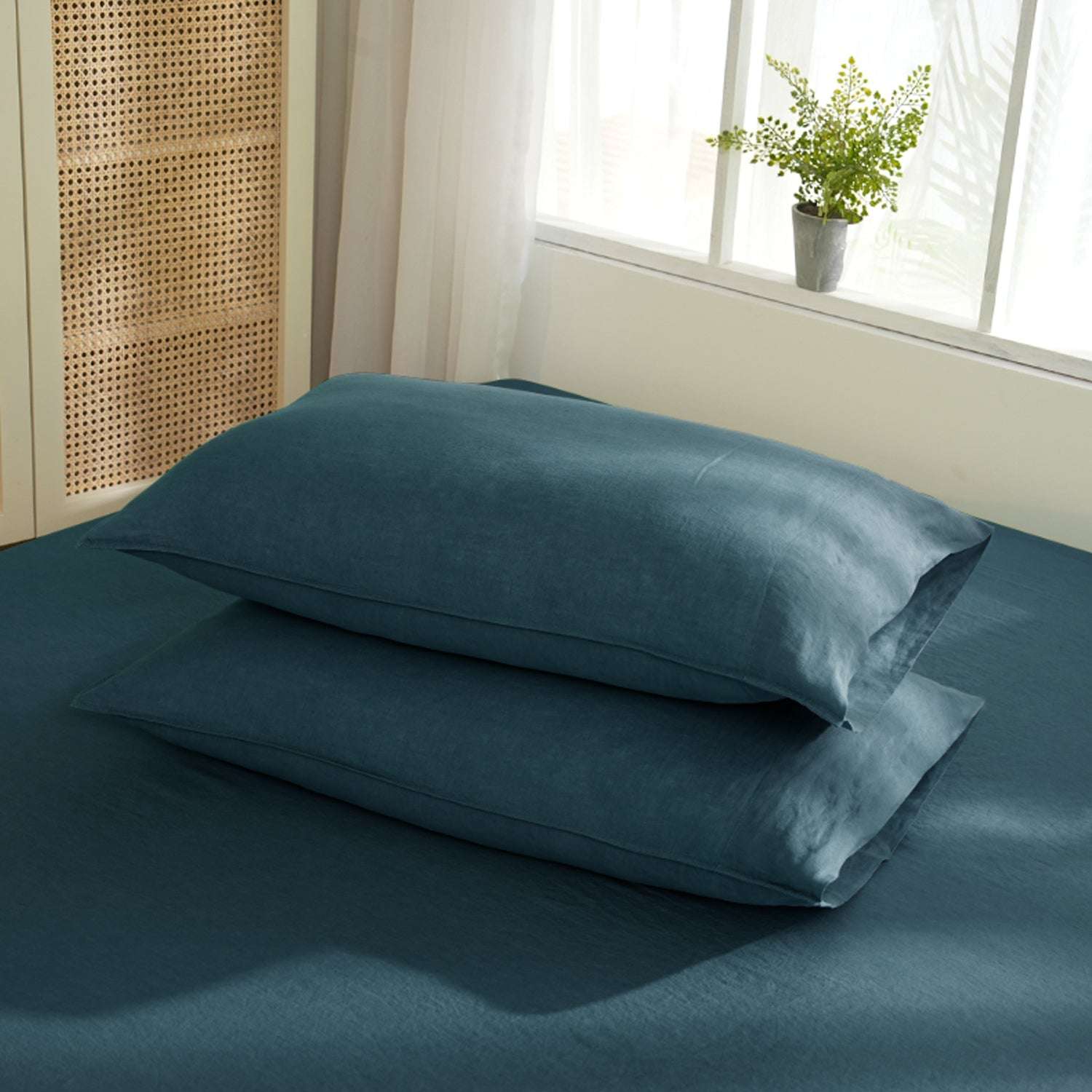 Vintage Blue 100% Organic Linen Pillowcases - Victory Symbol