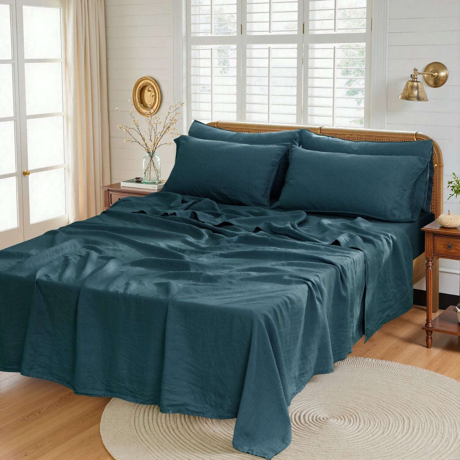 Vintage Blue 100% Organic Linen Sheets Set - Victory Symbol