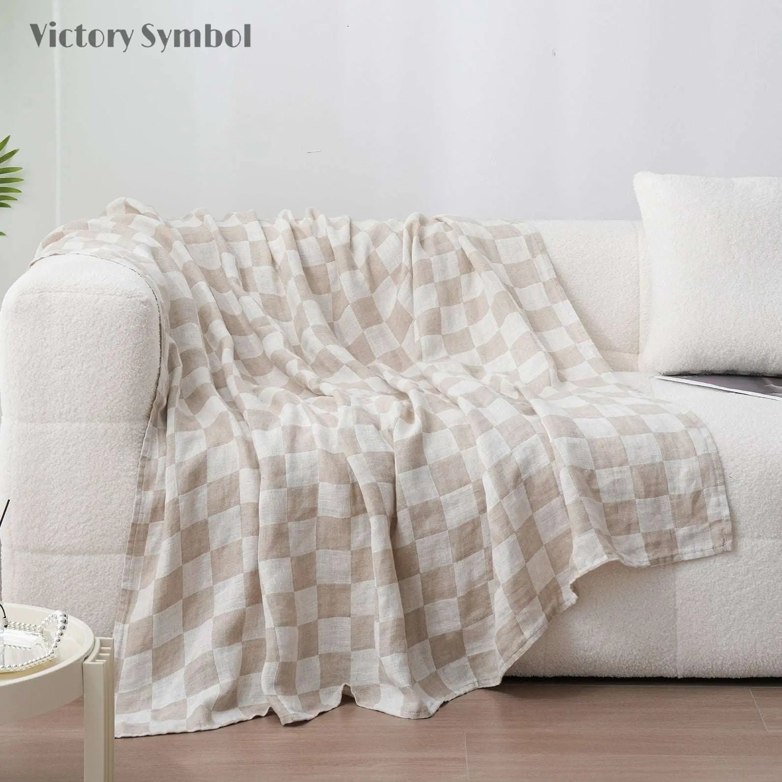 White Colorblock 100% Organic Linen Checkerboard Plaid Blanket & Throw - Victory Symbol
