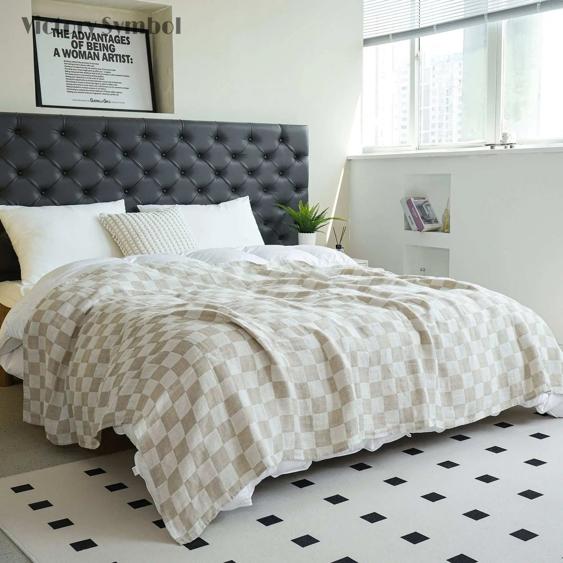 White Colorblock 100% Organic Linen Checkerboard Plaid Blanket & Throw - Victory Symbol