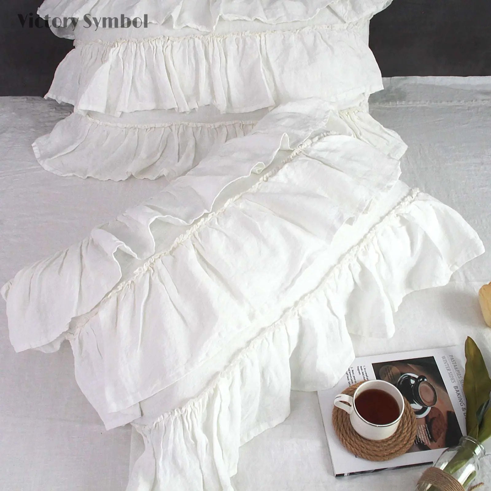 White Rococo Vintage Ruffle 100% Organic Linen Pillowcases - Victory Symbol