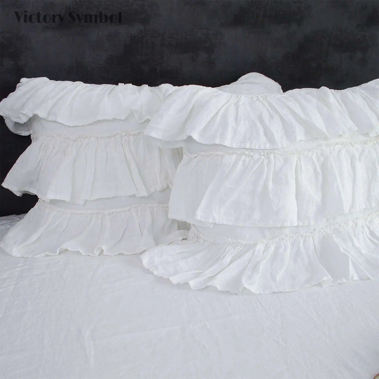White Rococo Vintage Ruffle 100% Organic Linen Pillowcases - Victory Symbol