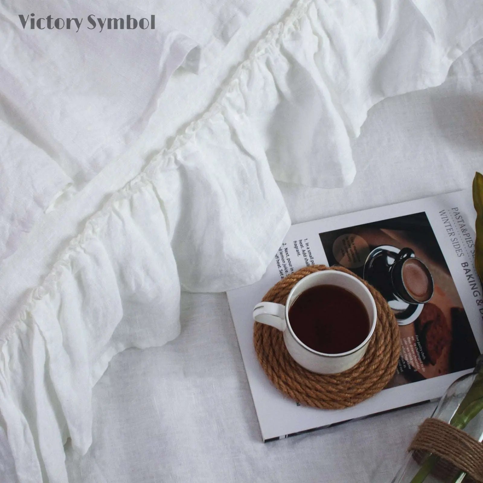 White Rococo Vintage Ruffle 100% Organic Linen Pillowcases - Victory Symbol