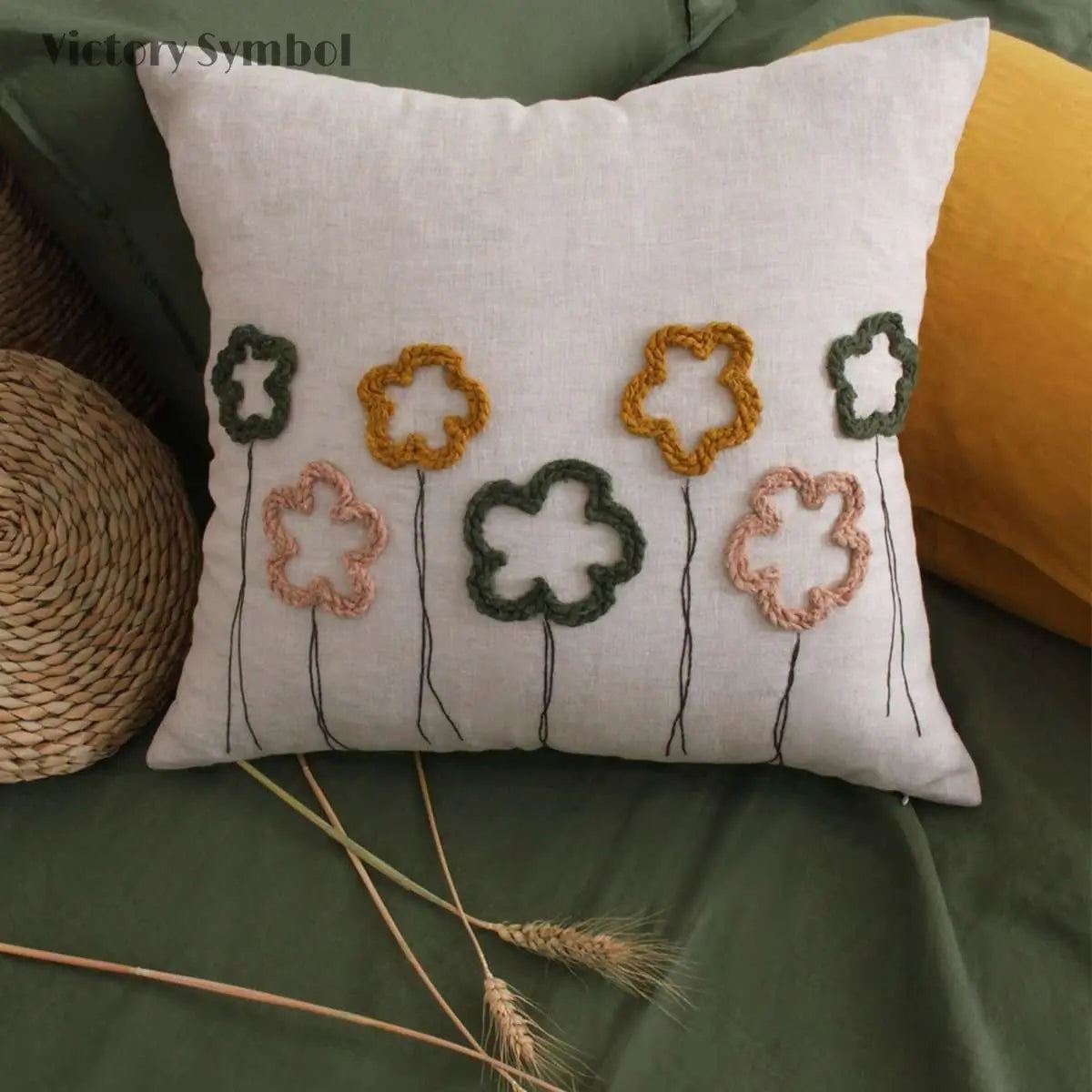 Woven flower pattern 100% Organic Linen Euro Pillowcases-victory symbol